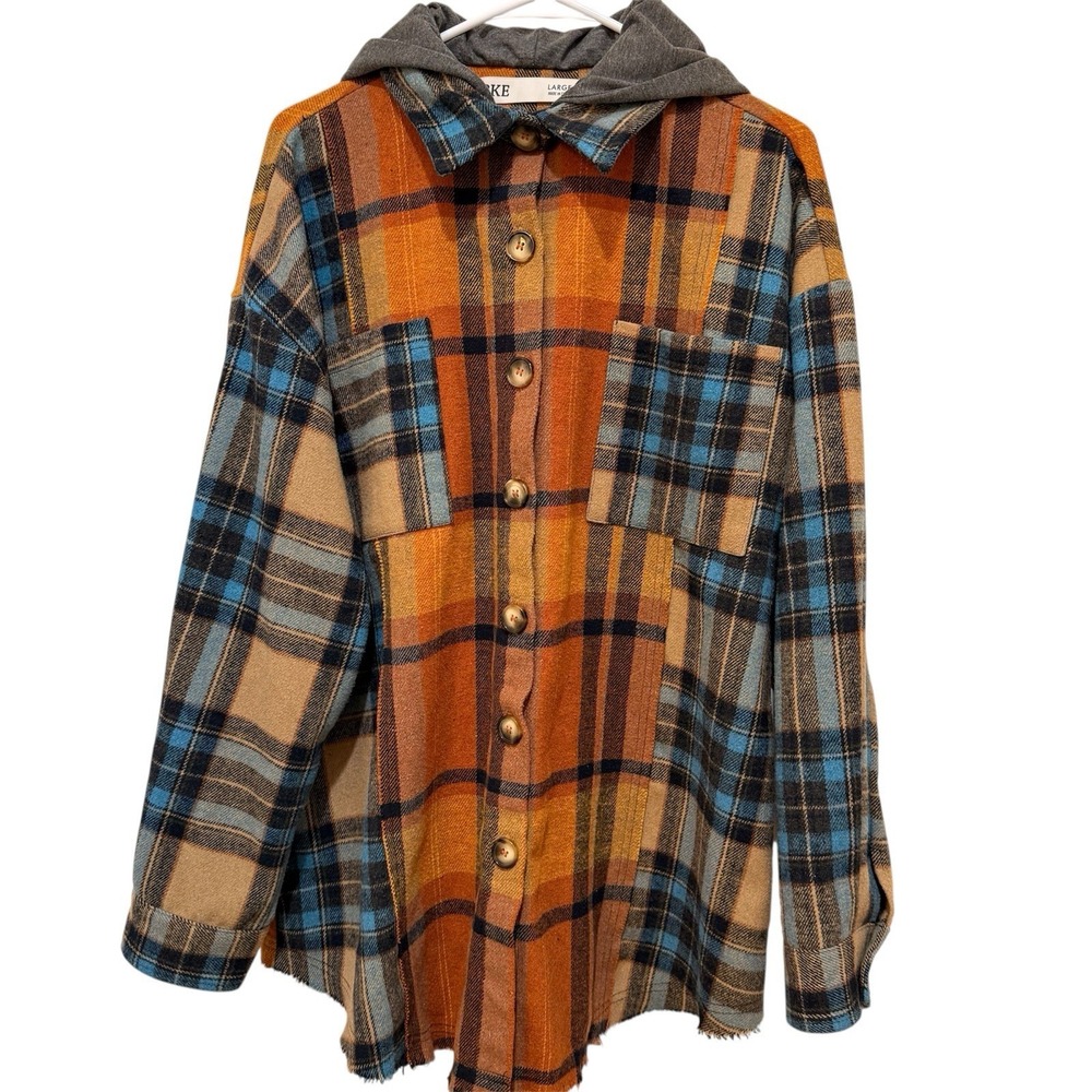 Bke Plaid Flannel Fringe Grunge Patchwork Hoodie Cobain Womens's L